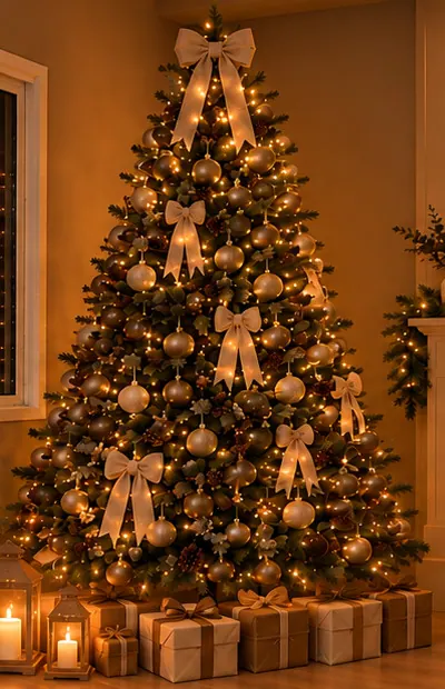Detalhe da árvore de Natal com laços creme, luzes e presentes